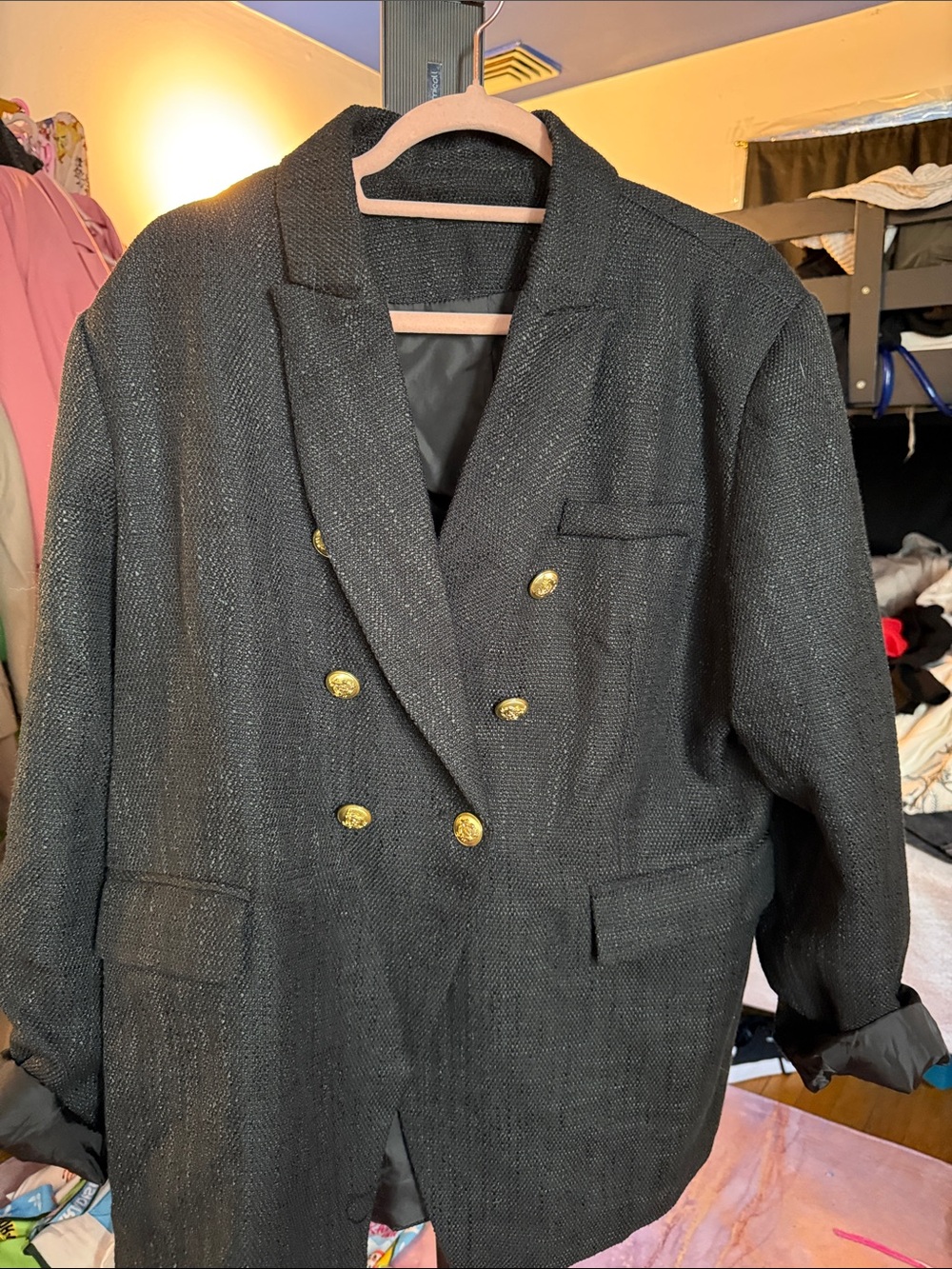 Double-Breasted Black Blazer with Gold Buttons